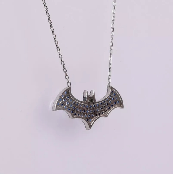 Halloween Deep Blue Sapphire & Sterling Bat Adjustable Necklace with Onyx Eyes - Picture 4 of 8